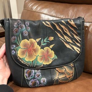 Anuschka Black Leather Bag with Floral and Abstract Design